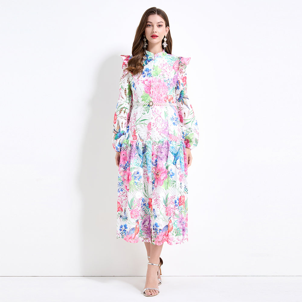 Original design - Spring/Summer vintage stand collar floral print heavy industry water-soluble long waist lace dress