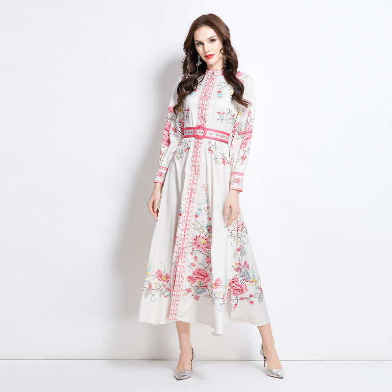 Original design mid length dress with blue and white porcelain pattern standing collar for spring, summer, autumn vacation