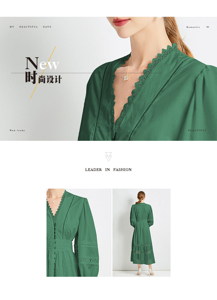 Original design fashionable temperament V-neck patchwork lace hollow out design sense long sleeved waist cinching dress