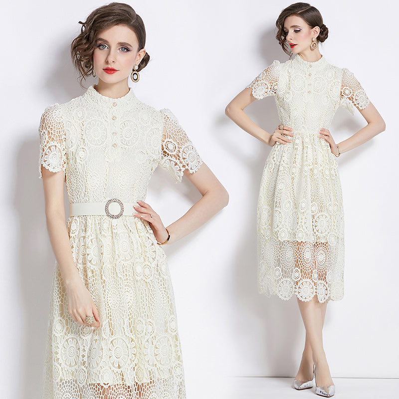 Original design niche dress new style temperament, waist cinching and slimming, hollow out water-soluble lace long skirt