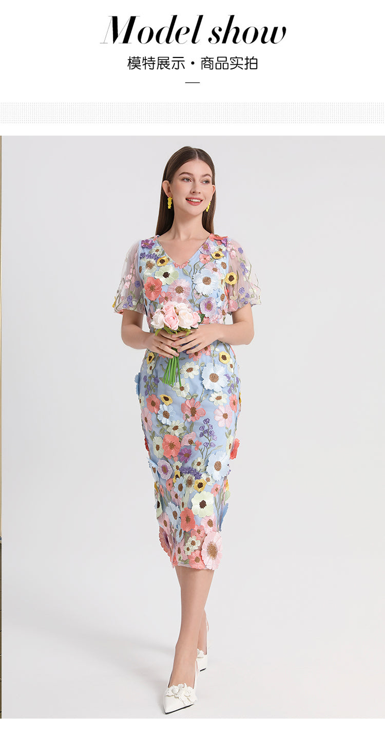 Art embroidery boutique color hand-ordered vintage V-neck slit wrap hip dress