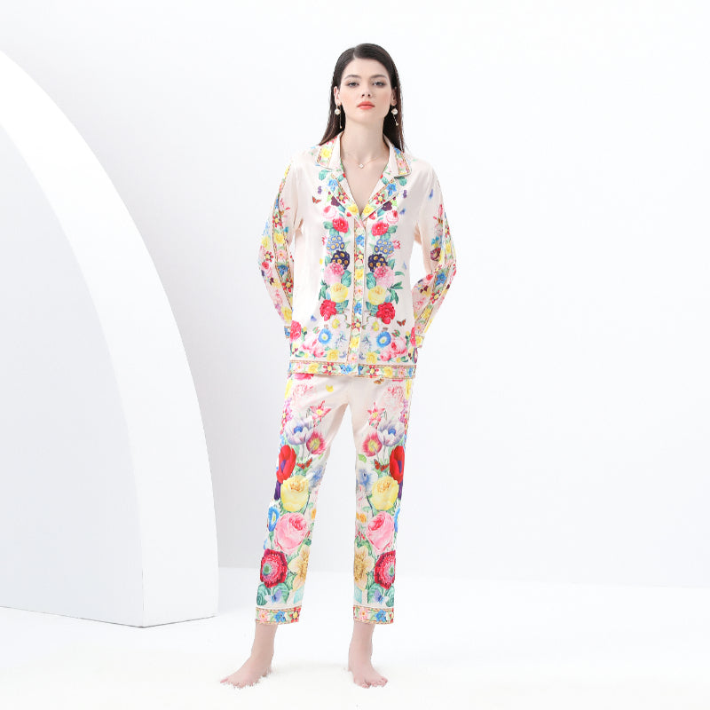 original design Spring/Summer casual trim pyjama suit set with a suit collar and long sleeves and trousers print two-piece set