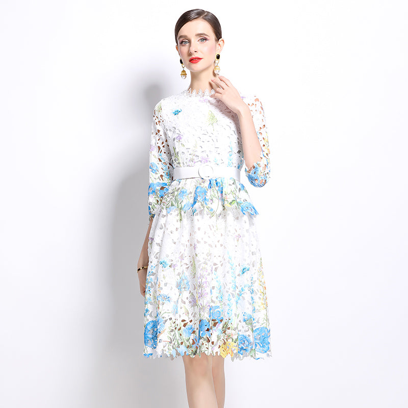 Original design mid long sleeved fashionable slimming hollow out water-soluble lace positioning mid length dress