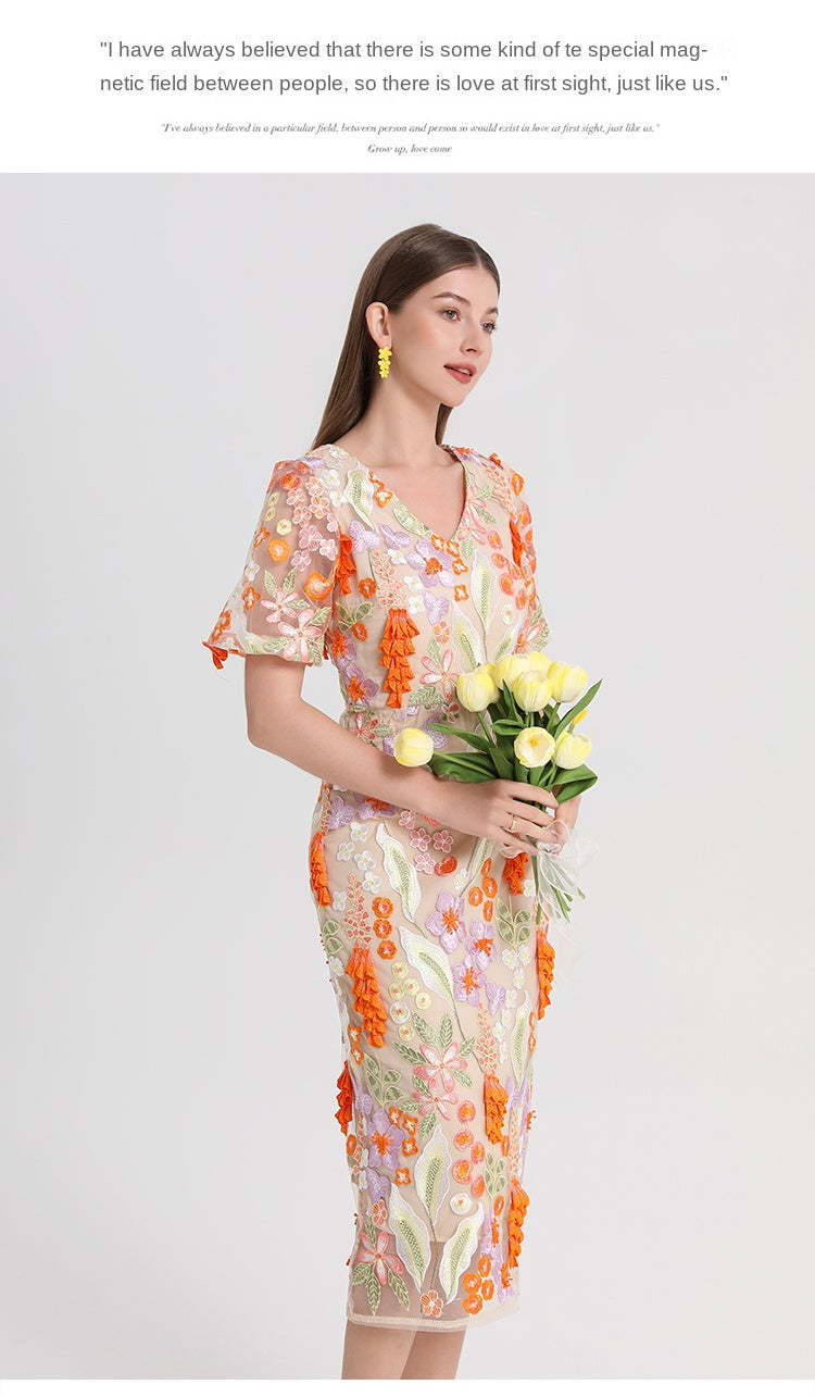 Original Design Handmade Three Dimensional Wheat Sprout Embroidered French Style Dress