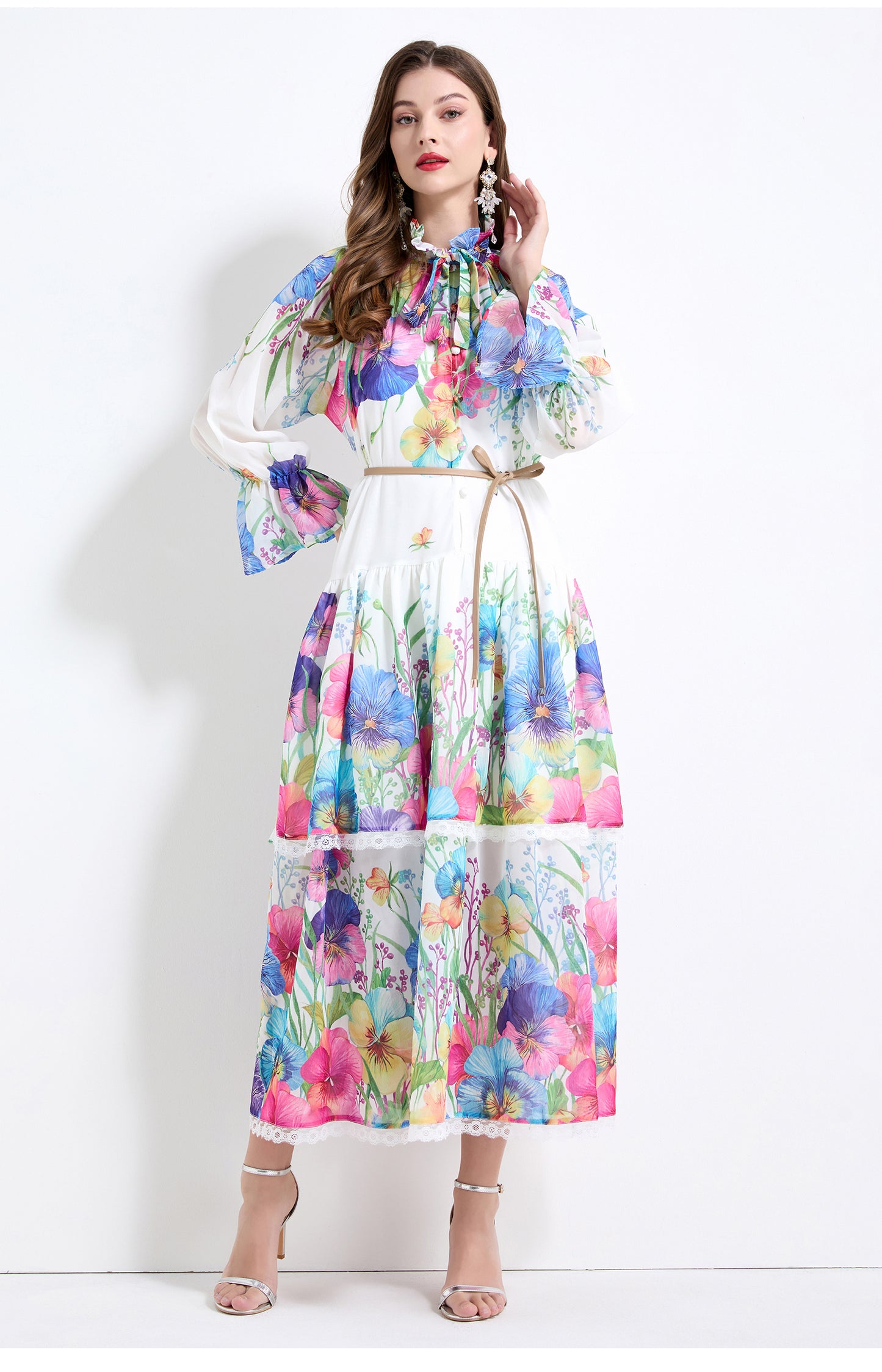 Original design - spring and summer fake lace cake skirt floral print waist ruffle skirt