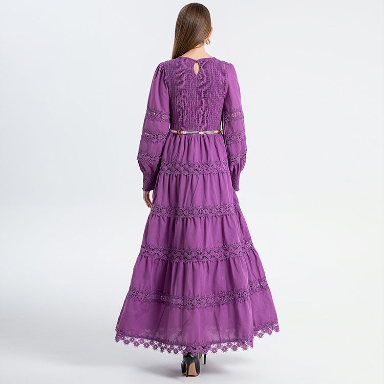 Original Design Heavy Industry French Retro Long Skirt with Hollow Lace Solid Color Waist Reduction and Slimming Round Neck Lace Splicing