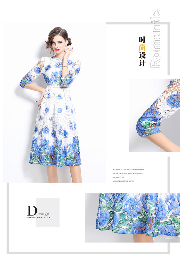 Original design mid long sleeved fashionable slimming hollow out water-soluble lace positioning mid length dress
