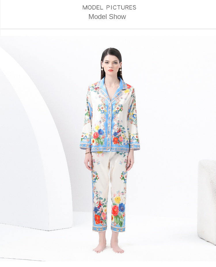 Original design spring/summer-autumn - casual trim pajama suit set with a suit collar long sleeves trousers print 2-piece set