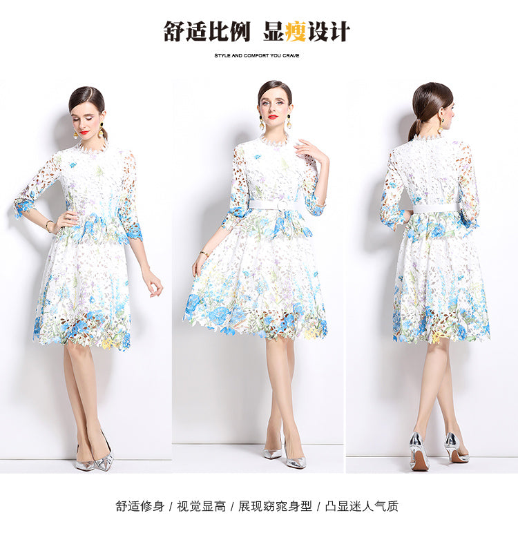 Original design mid long sleeved fashionable slimming hollow out water-soluble lace positioning mid length dress