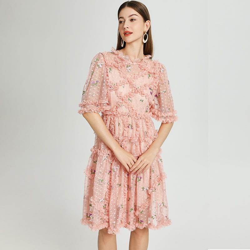Artwork French romantic boutique custom gauze small floral embroidery short vintage cake dress