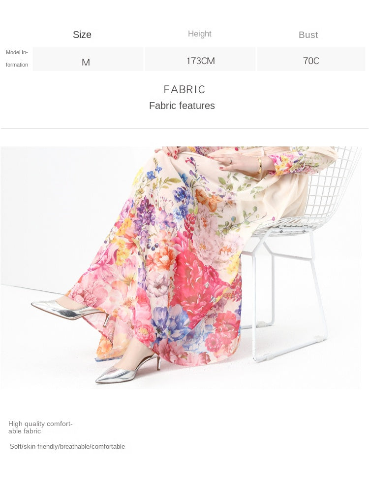 Original design: Spring, autumn and summer retro style balloon sleeve wavy edge long printed dress