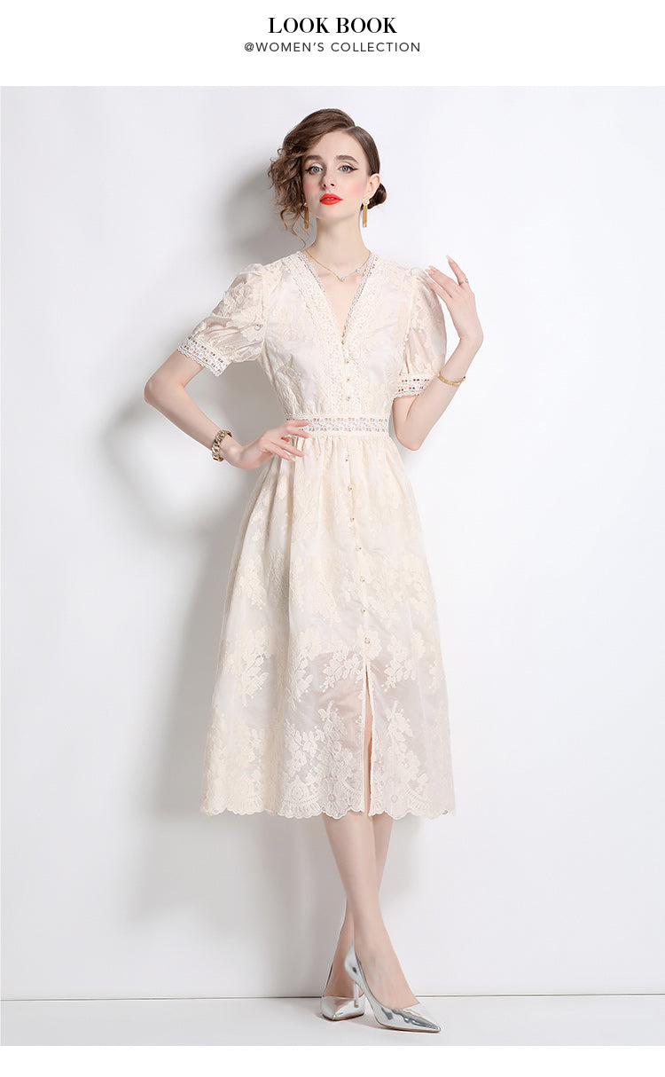 Original Design: Spring/Summer Embroidered V-neck Dress with Lace and Lace Charm Slimming Skirt