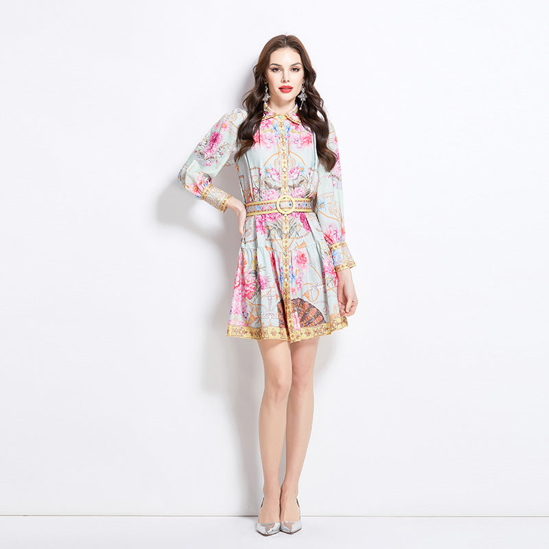Original Design Spring Summer Autumn Vacation Painted Oil Painting Style Short Collar Dress