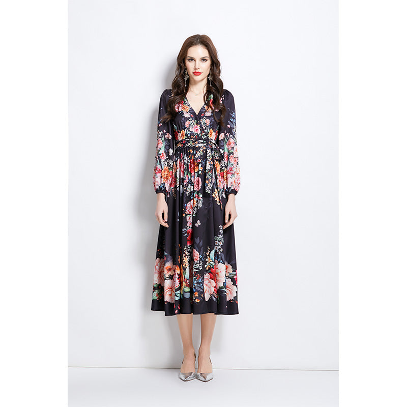 Original Design Spring/Summer Oil Painting Flower Pattern Wrapped Mid length Dress