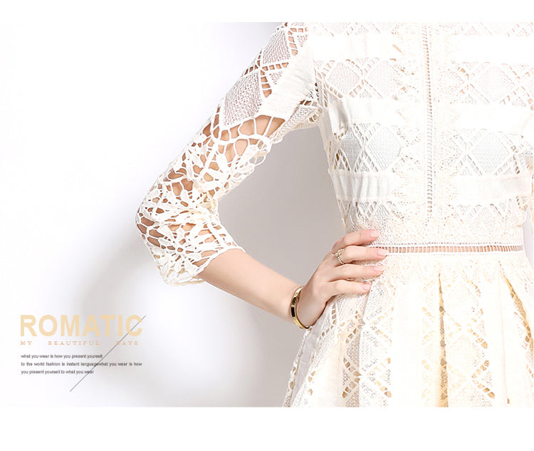 Original design mid long sleeved slimming hollow out water-soluble lace positioning printed mid length dress for spring, summer, autumn vacation