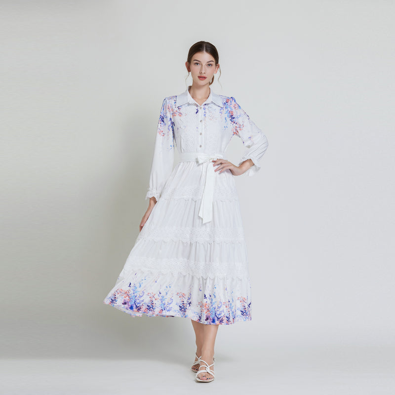 Original design fashionable bohemian lapel lace border lantern sleeves cinched waist long printed dress