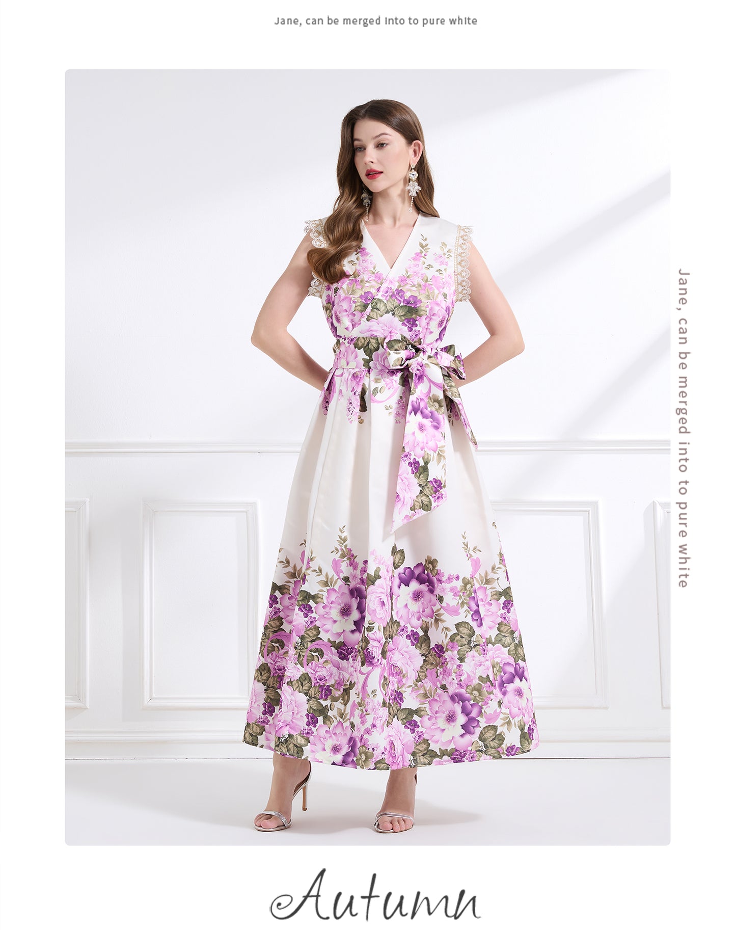 Original design - spring, summer and autumn fake wind, small flying sleeves, flower fairy print, seaside waist ruffle tie long skirt