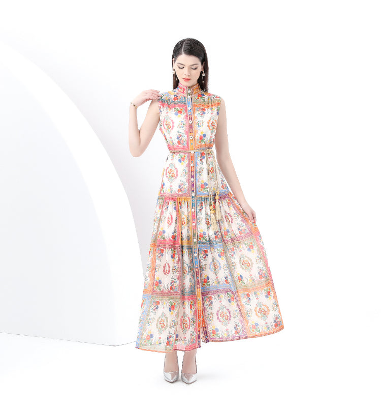 Original design: Spring, Summer, Autumn, vintage style, stand collar, sleeveless, wavy edge, long printed dress 2-piece set