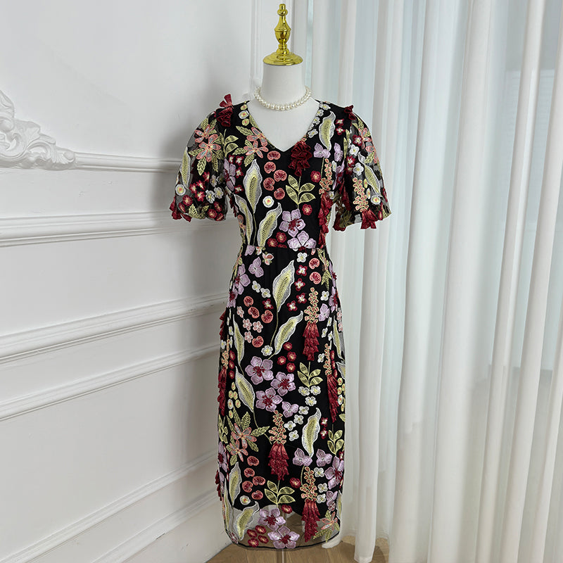 Artwork boutique handmade three-dimensional wheat ear embroidered French temperament dress