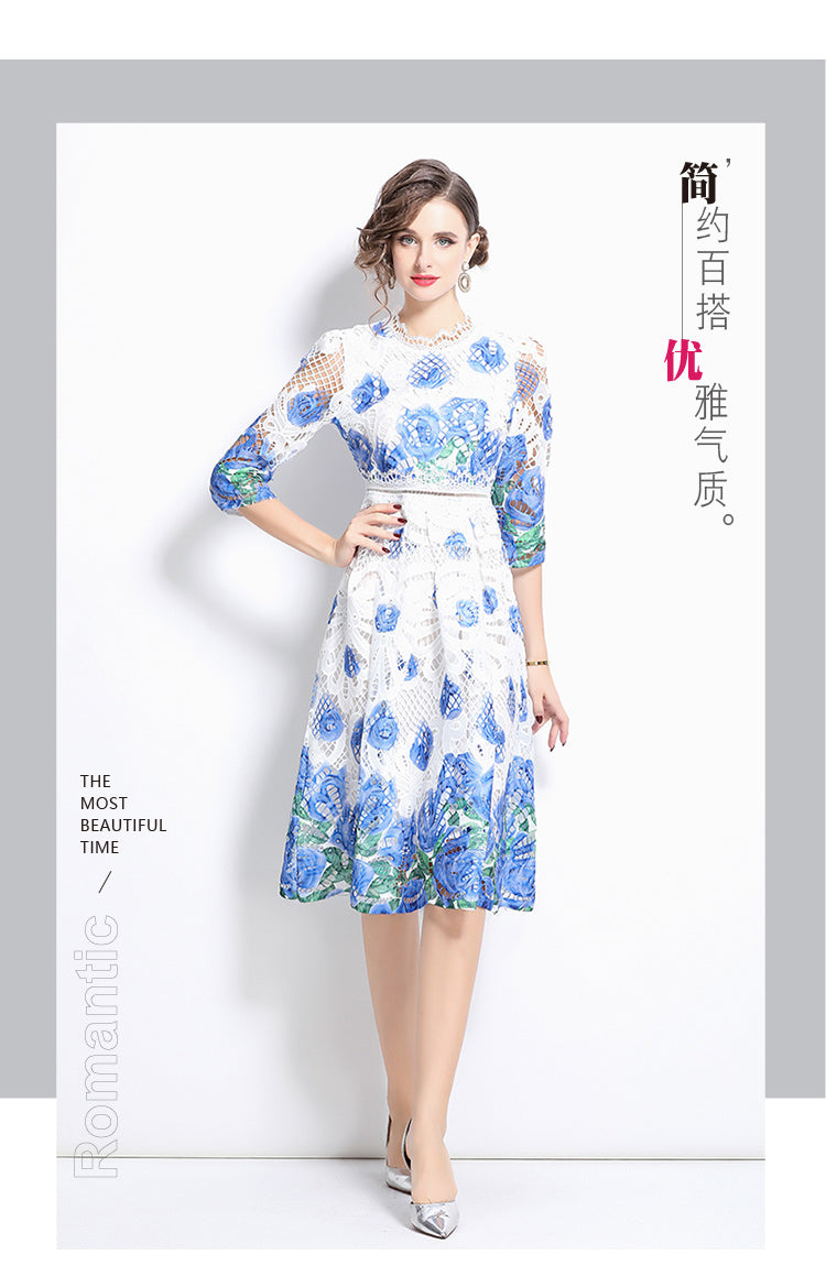 Original design mid long sleeved fashionable slimming hollow out water-soluble lace positioning mid length dress