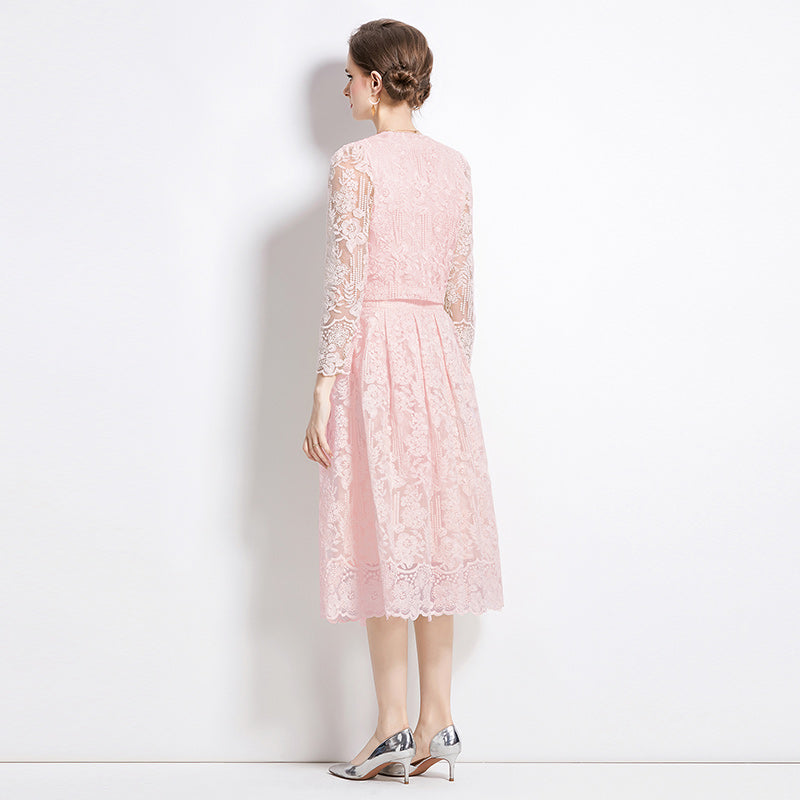 Original design for spring and summer long sleeved small fragrance style set light luxury temperament water-soluble lace skirt two-piece set
