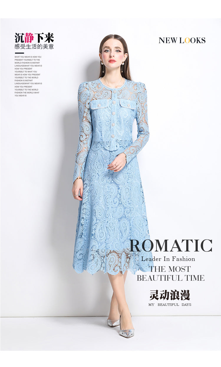 Original design for spring and summer small fragrance style set light luxury and high-end water-soluble lace skirt two-piece set