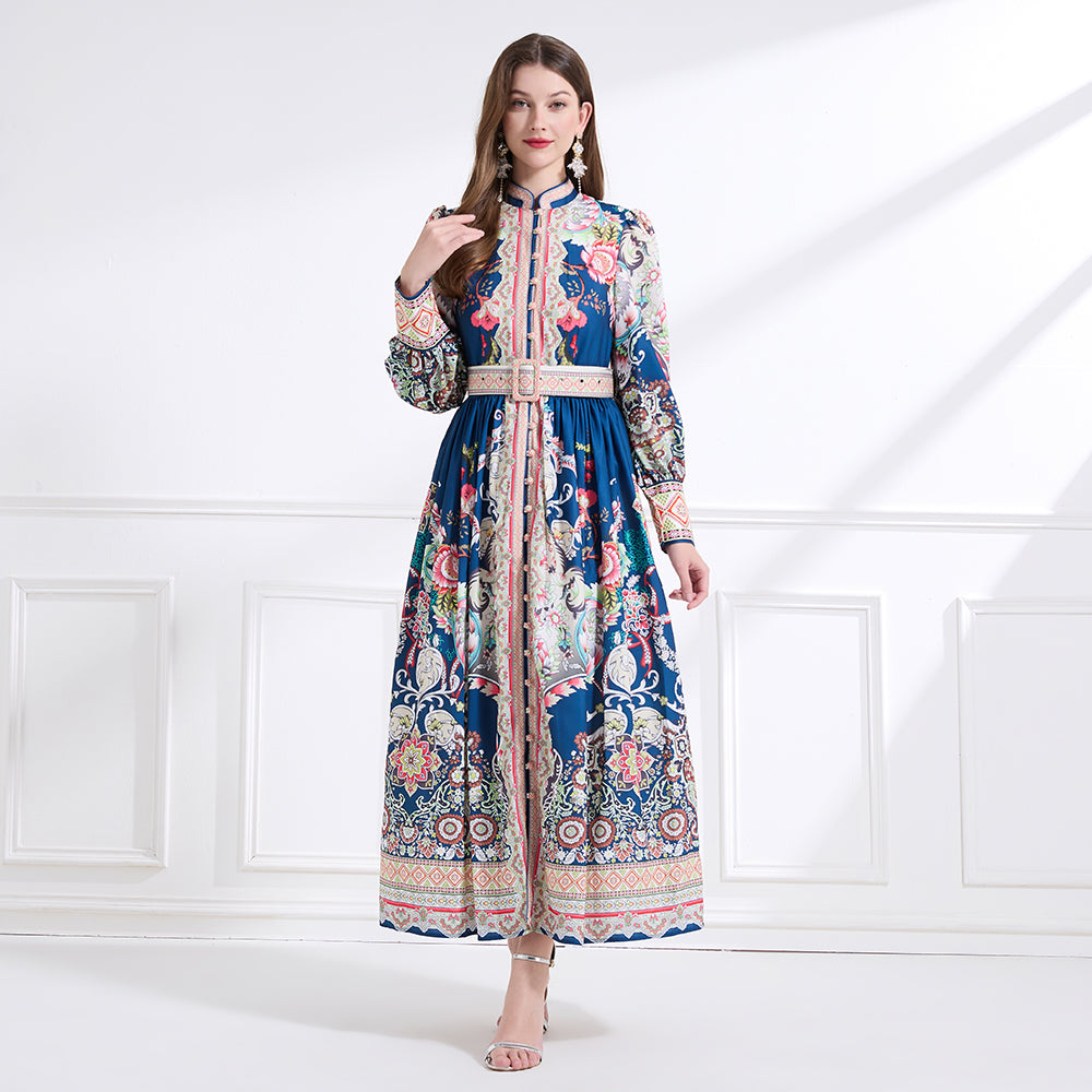 Original design - Spring, Summer, Autumn court style stand collar vintage print balloon sleeve ruffled maxi dress
