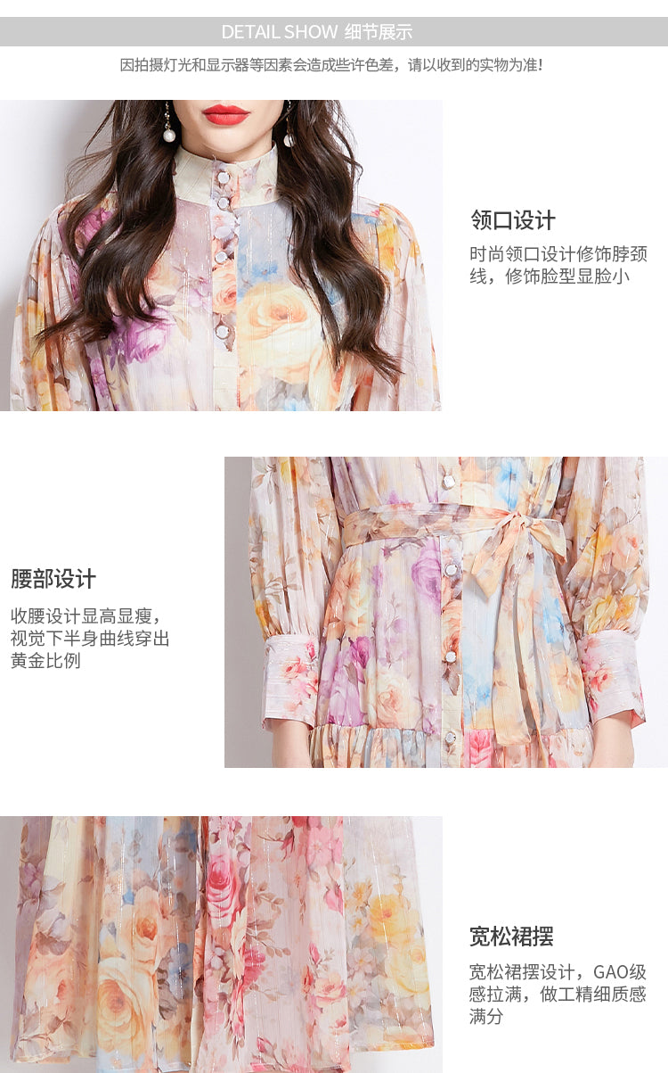 Original design: Spring/Summer ethnic style retro stand up collar lantern sleeve printed dress