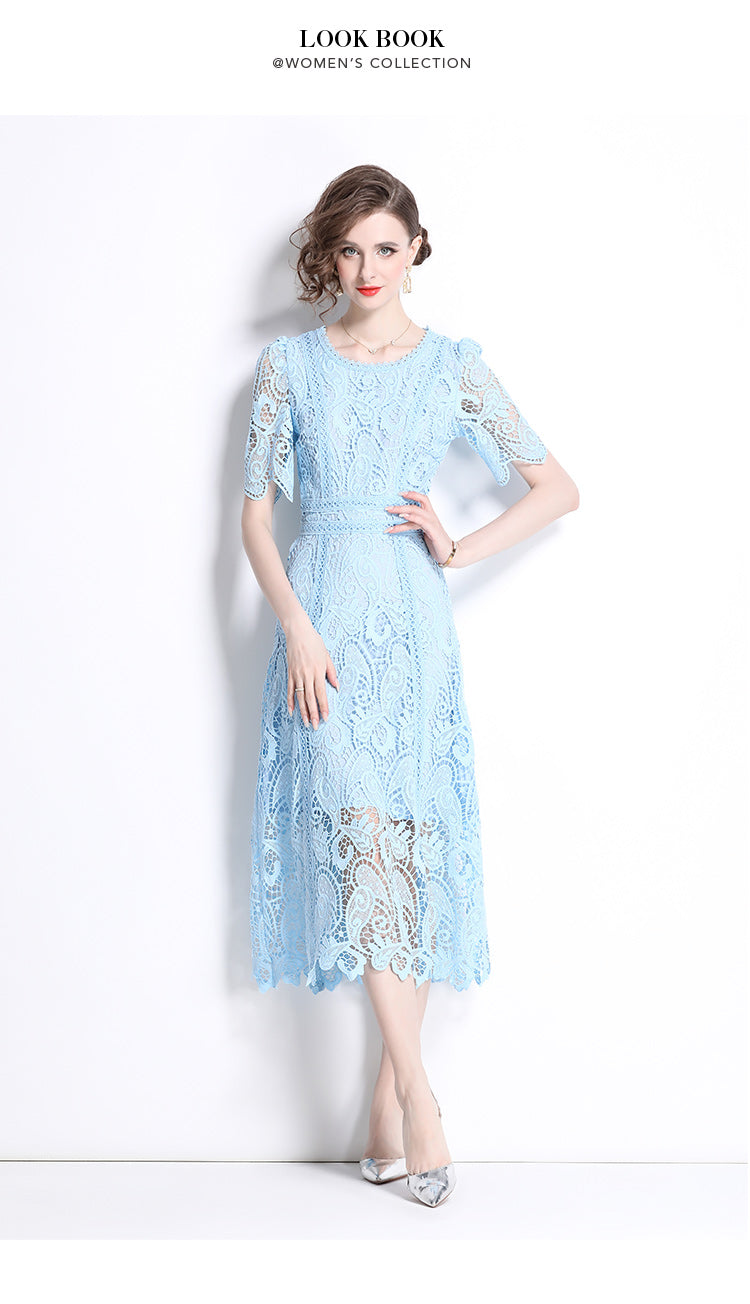 Original design temperament short sleeved skirt slim fit waist cinching heavy industry water-soluble lace dress for women