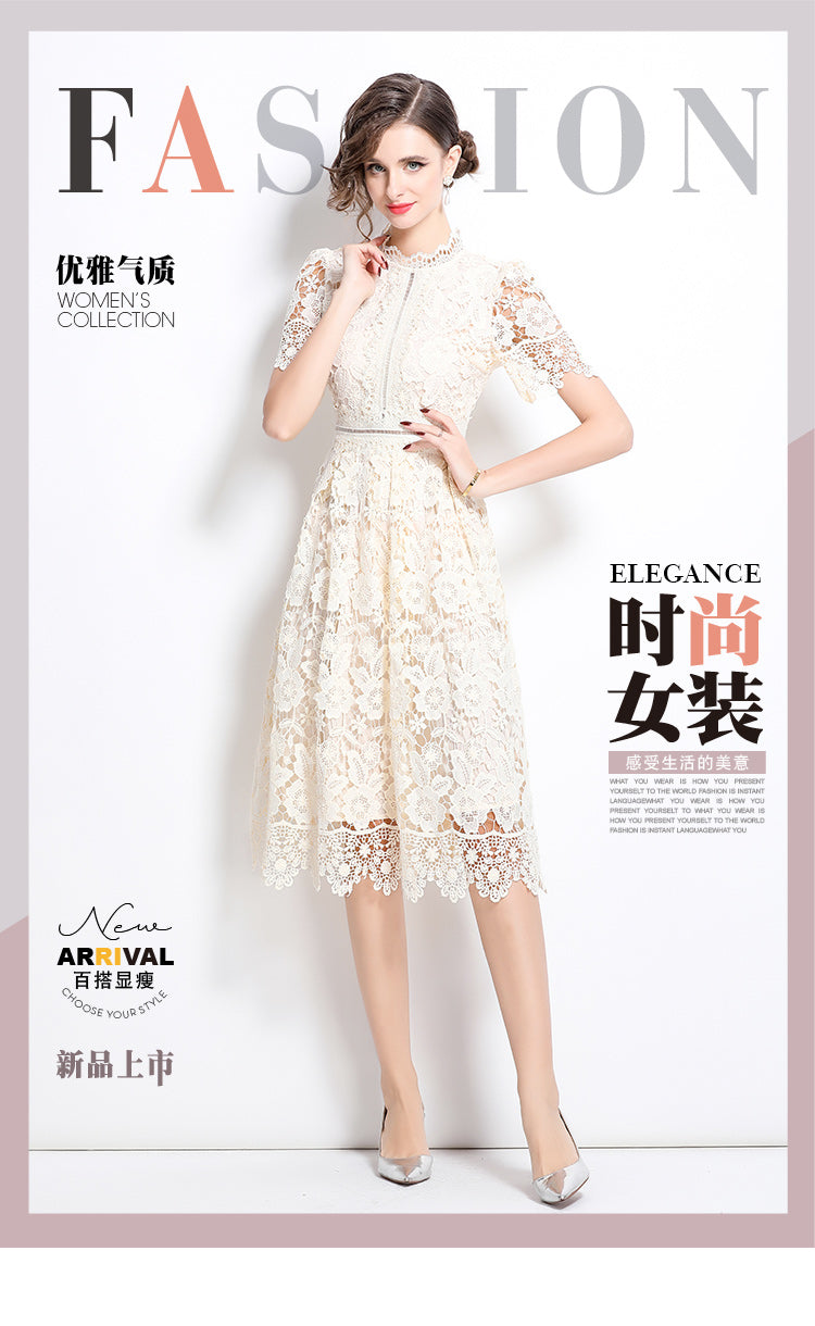 Original design short sleeved slimming hollow out water-soluble lace positioning mid length dress