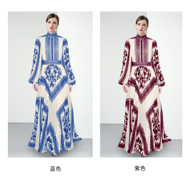 Original design for spring and summer printed evening gown, long pleated dress with large display