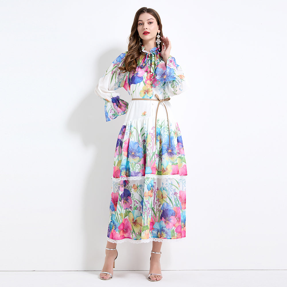 Original design - spring and summer fake lace cake skirt floral print waist ruffle skirt