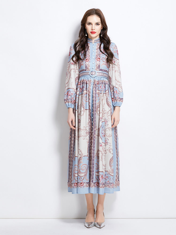 Original design: Spring/summer new court-style pattern stand-up collar long dress