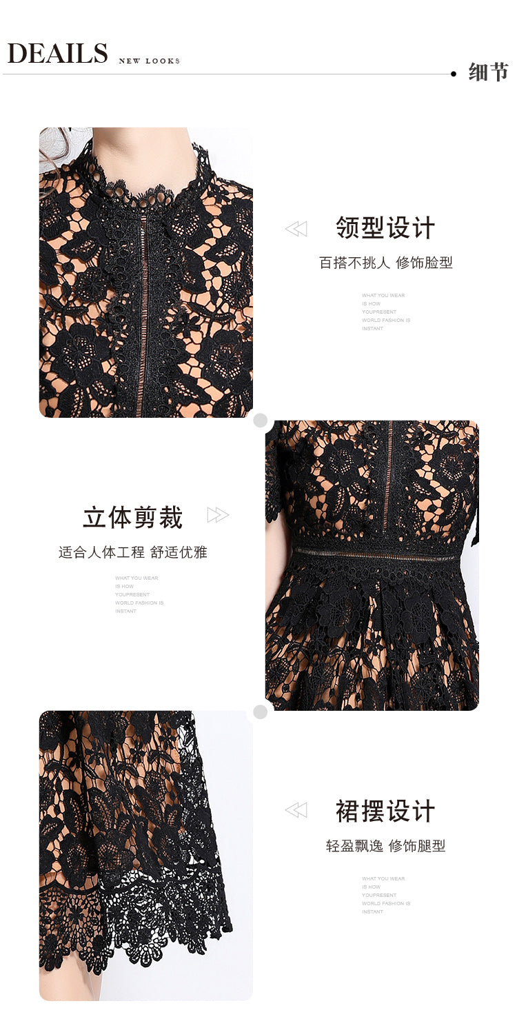 Original design short sleeved slimming hollow out water-soluble lace positioning mid length dress