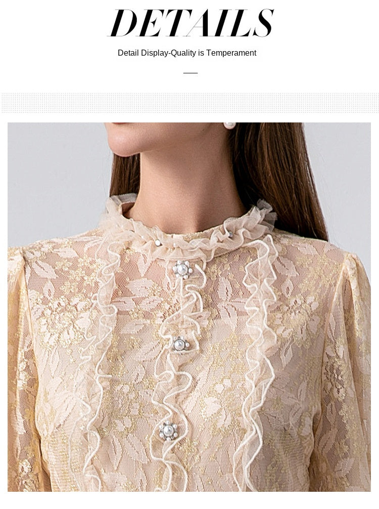 Original design - spring and summer real shot art boutique lace stitching tweed temperament fake 2 pieces of small fragrance beaded dress