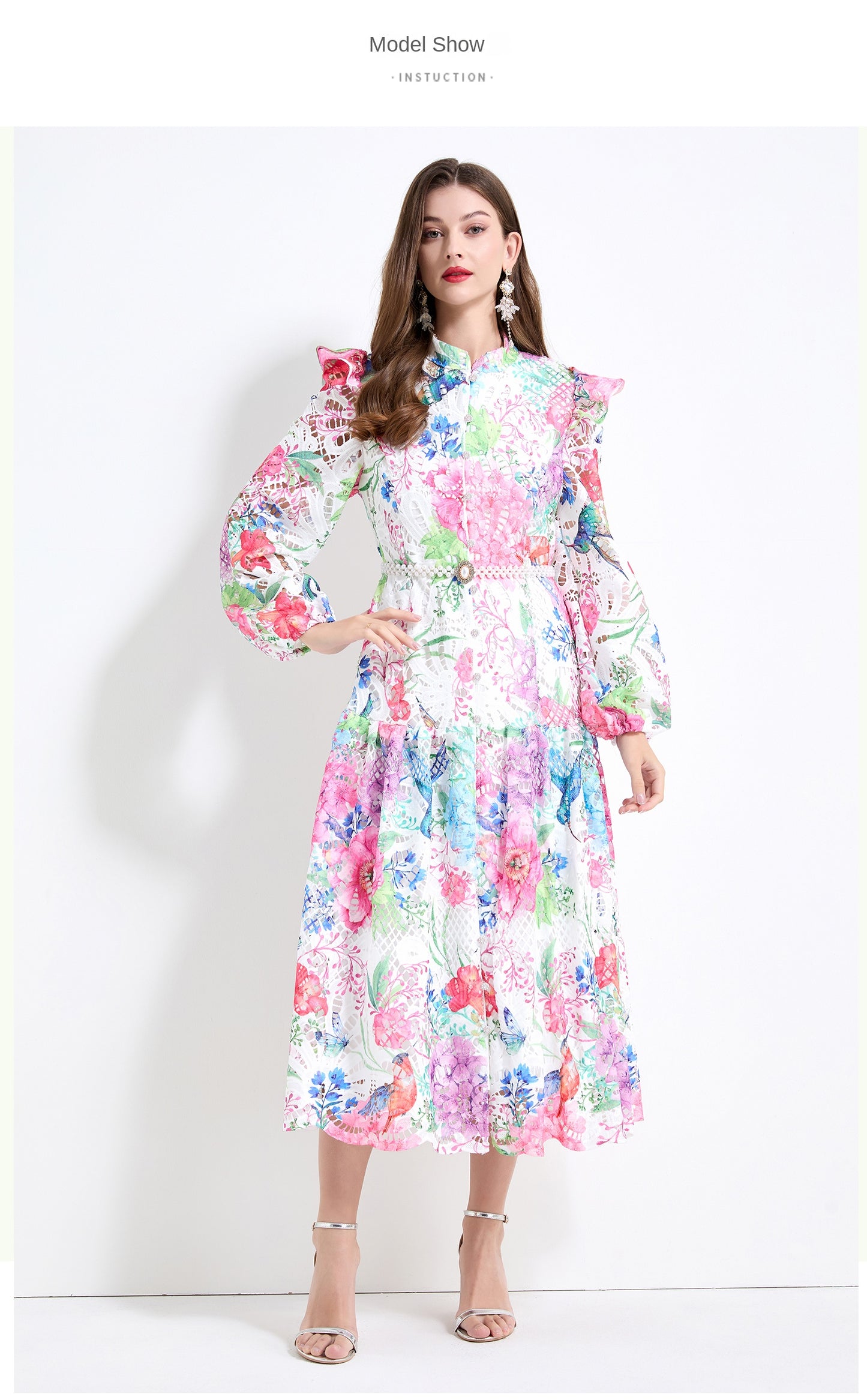 Original design - Spring/Summer vintage stand collar floral print heavy industry water-soluble long waist lace dress
