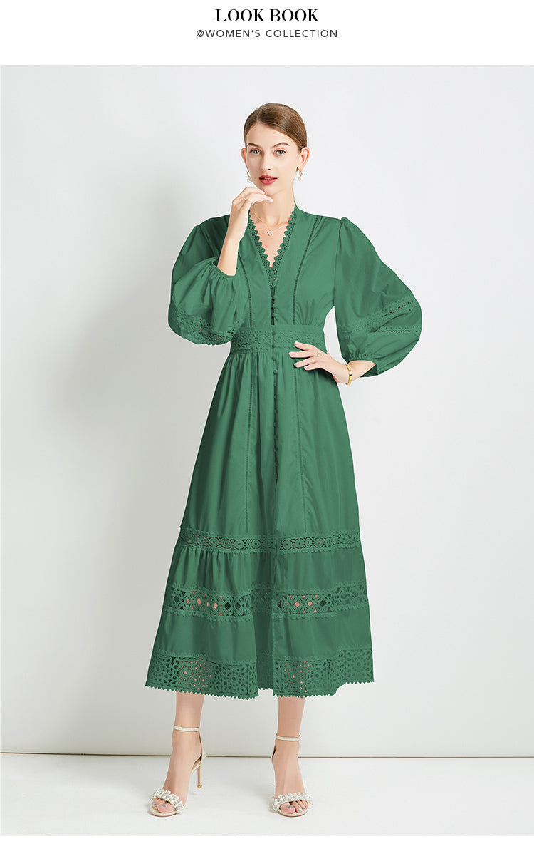 Original design fashionable temperament V-neck patchwork lace hollow out design sense long sleeved waist cinching dress