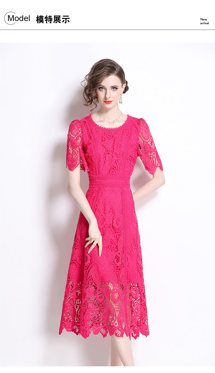 Original design temperament short sleeved skirt slim fit waist cinching heavy industry water-soluble lace dress for women