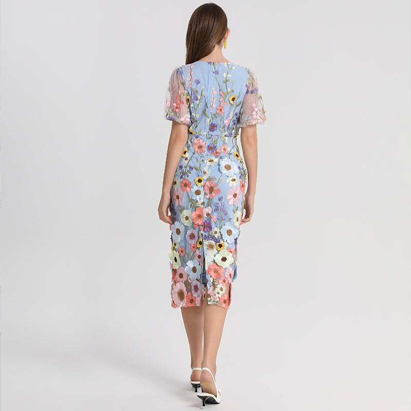Art embroidery boutique color hand-ordered vintage V-neck slit wrap hip dress