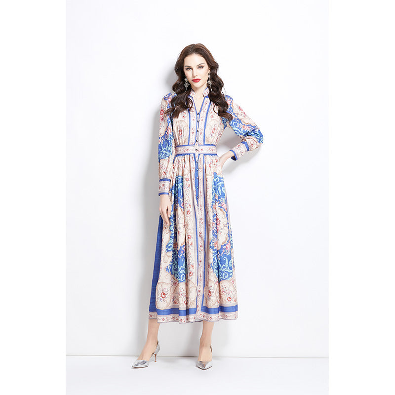 Original Design Spring/Summer Classical Palace Style Printed Bouquet Waist Single breasted Long Dress