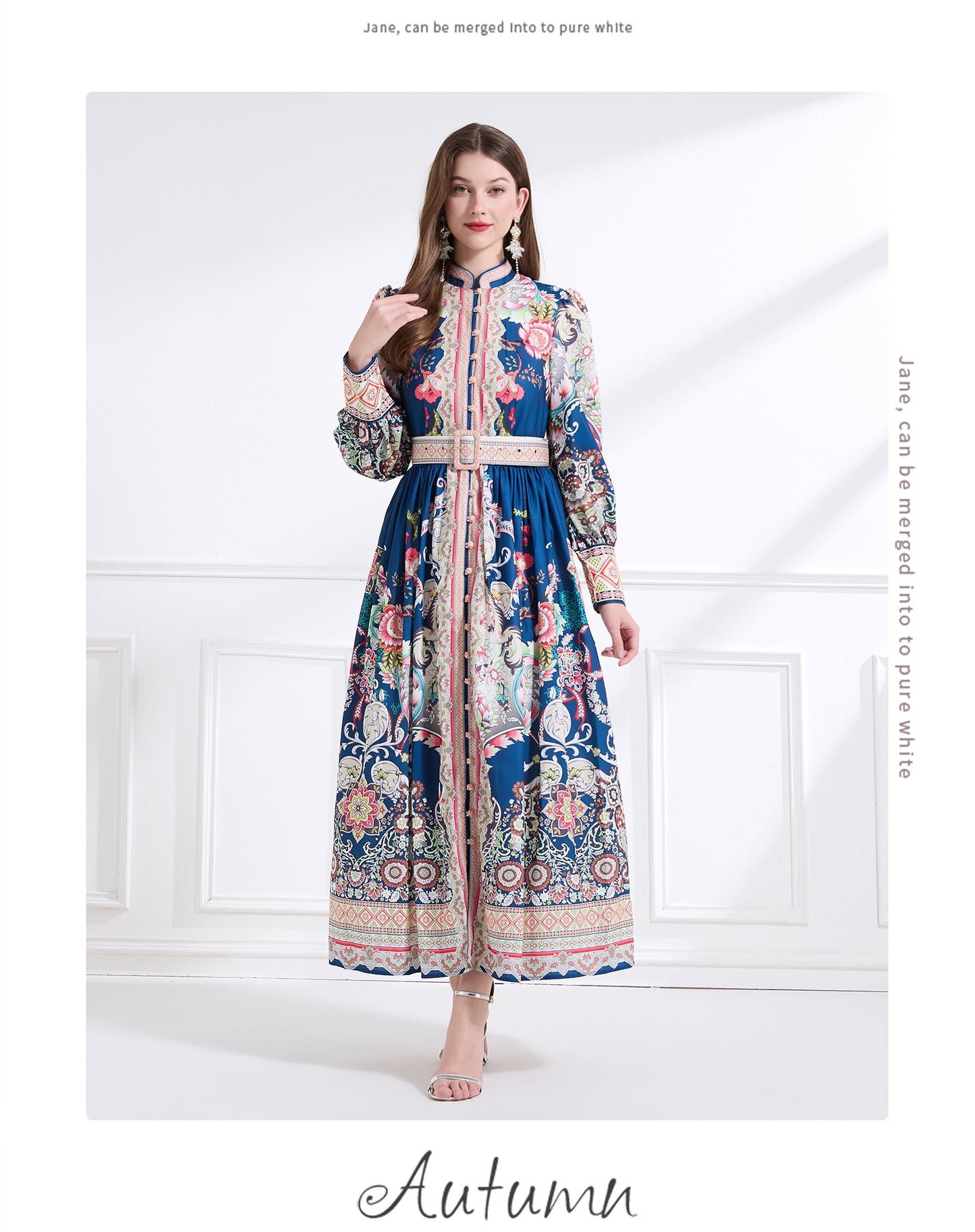 Original design - Spring, Summer, Autumn court style stand collar vintage print balloon sleeve ruffled maxi dress