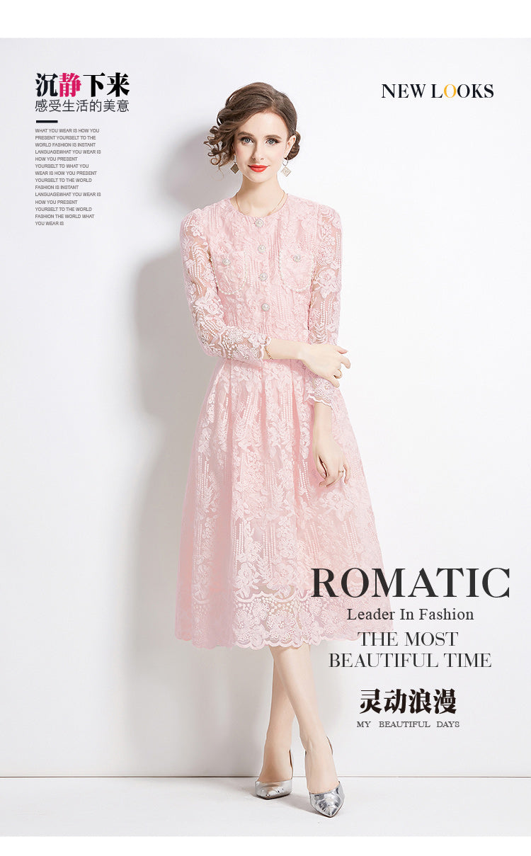 Original design for spring and summer long sleeved small fragrance style set light luxury temperament water-soluble lace skirt two-piece set