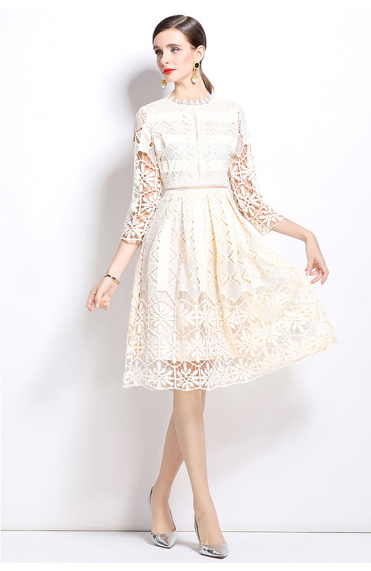 Original design mid long sleeved slimming hollow out water-soluble lace positioning printed mid length dress for spring, summer, autumn vacation