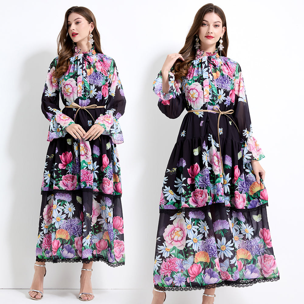 Original design - spring and summer fake lace cake skirt floral print waist ruffle skirt
