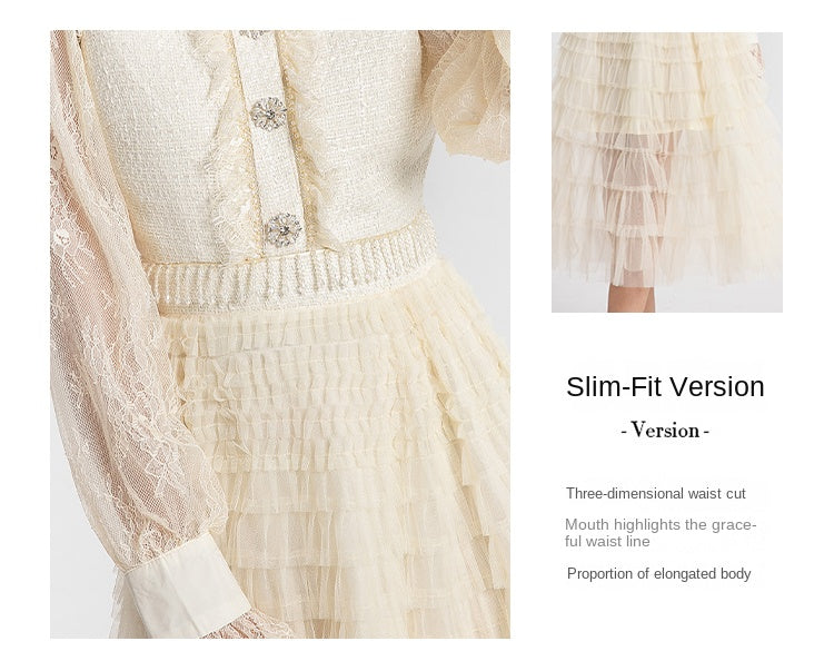 Original design women's heavy industry coarse tweed splicing mesh cake skirt crystal tassel temperament fairy