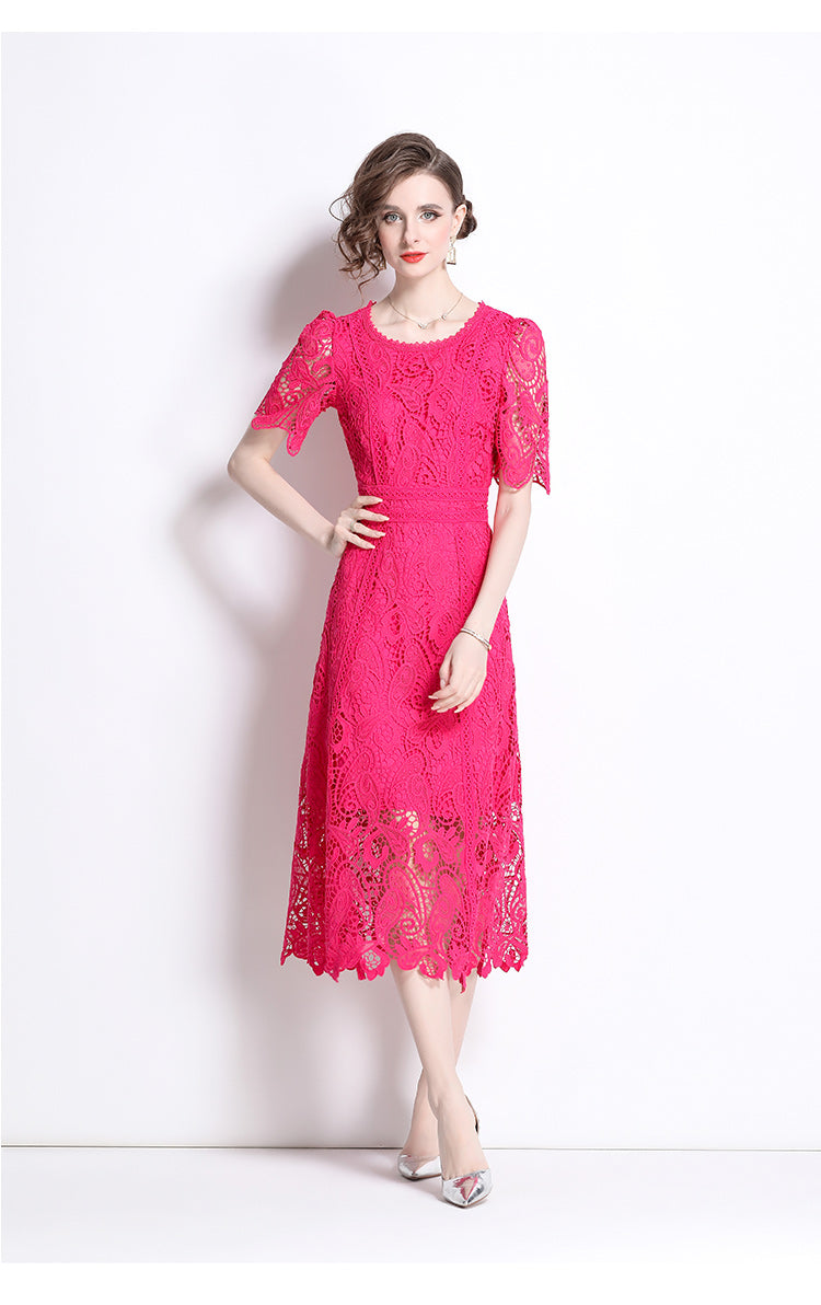 Original design temperament short sleeved skirt slim fit waist cinching heavy industry water-soluble lace dress for women