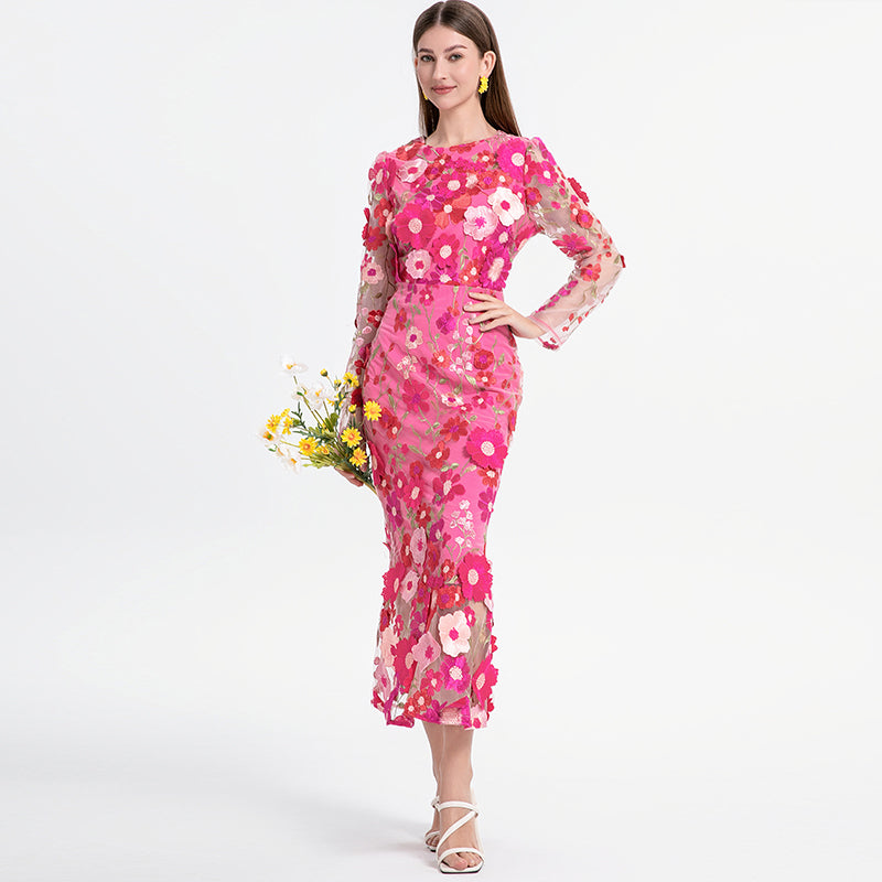 Original Design Heavy Industry Boutique Color Embroidered Handmade Three Dimensional Flower Slimming Fishtail Skirt Temperament Dress