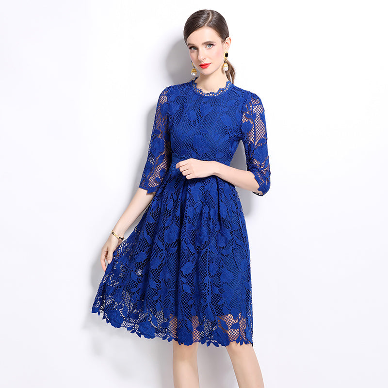 Original design mid long sleeved fashionable slimming hollow out water-soluble lace positioning mid length dress