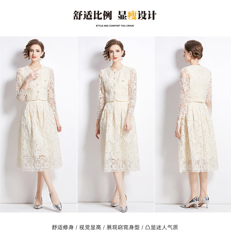 Original design for spring and summer long sleeved small fragrance style set light luxury temperament water-soluble lace skirt two-piece set