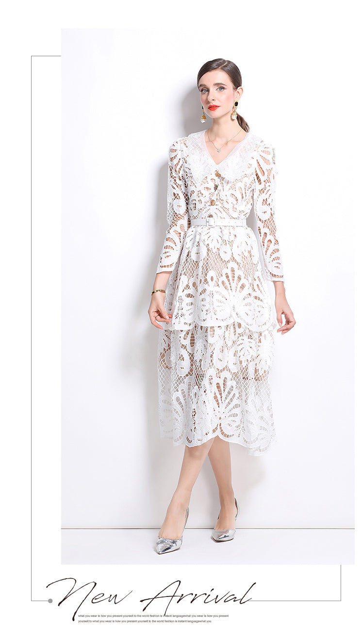 Original Design: Spring and Summer High End Water soluble Embroidered Medium length Skirt with V-neck and Waist cinching to Look Thin Dress